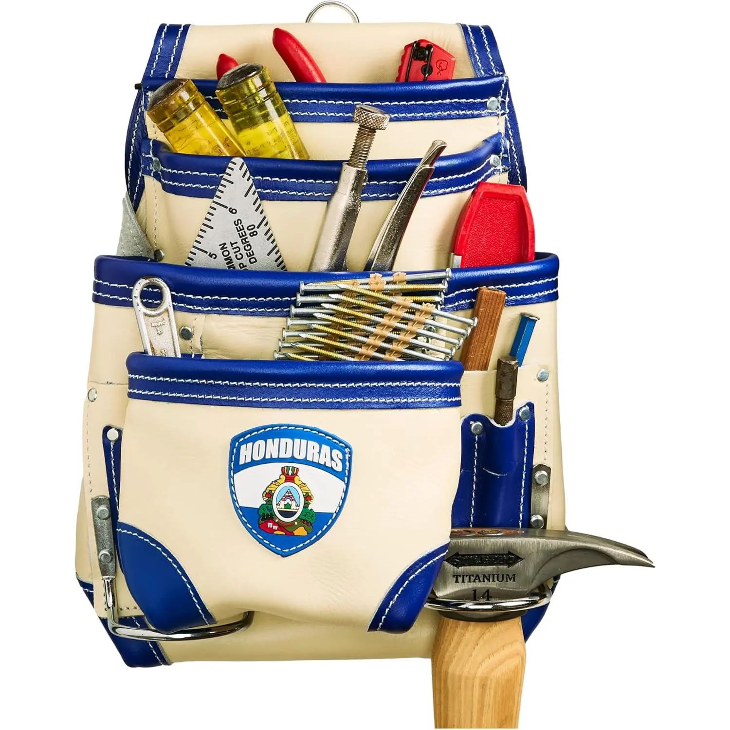 Handcrafted Country-Themed Heavy Top Grain Leather Carpenter Tool Pouch - 10 Pockets, 2 Hammer Loops, Large & Small Compartments - Fits Up to 3" Work Belts