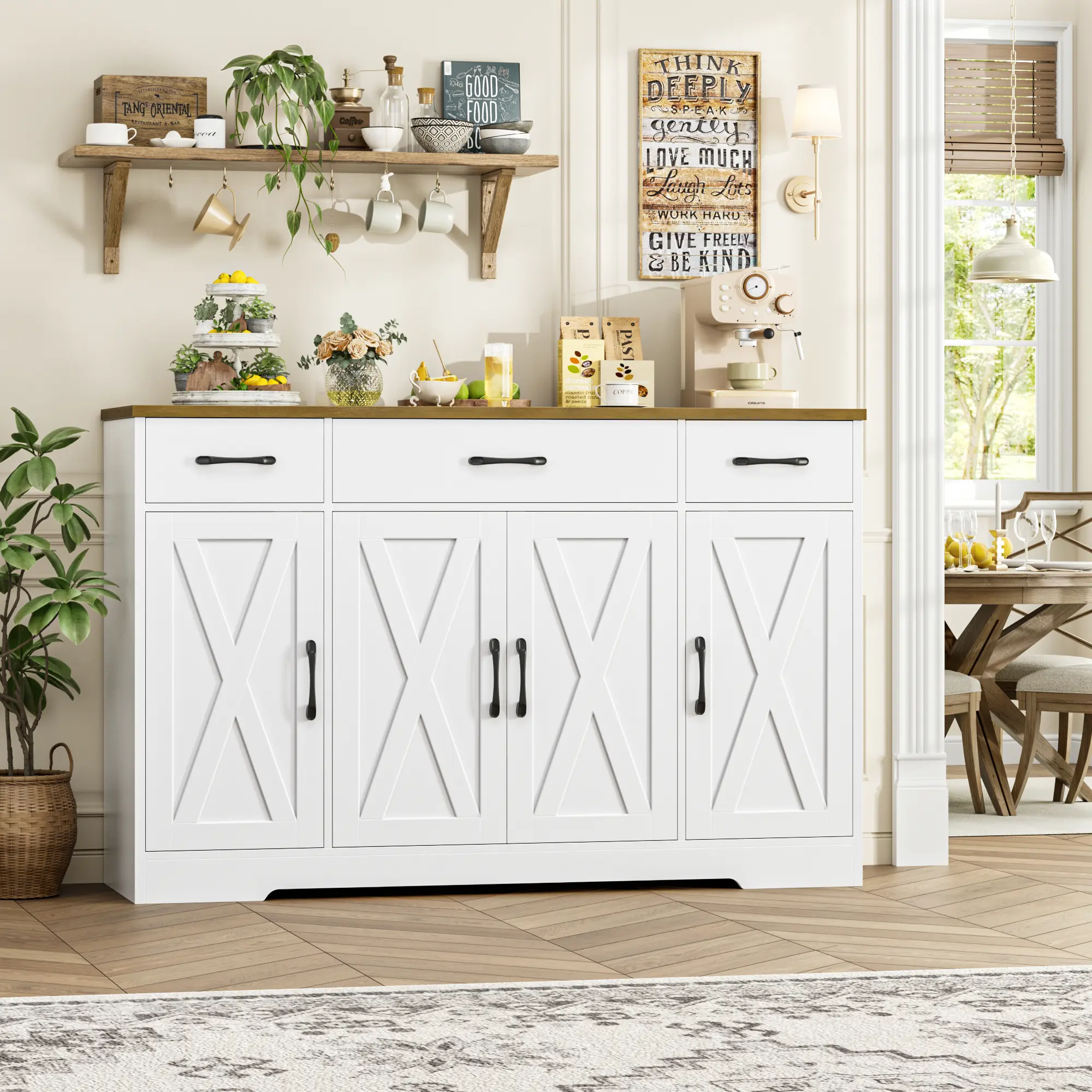 HOSTACK Modern Farmhouse Buffet Cabinet with Drawers 55" Large Sideboard Storage with Shelves Doors for Kitchen, Dining Room, Living Room, Entryway,dorm essentials,home decor