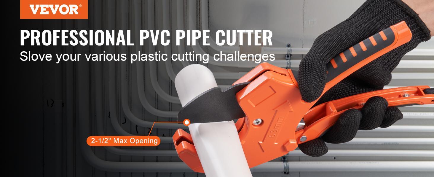 VEVOR PVC Pipe Cutter, 0-2-1/2" O.D. Ratcheting PVC Pipe Cutter, Heavy Duty Tube Cutting Tool with Spare SK5 Blade for PVC, CPVC, PP-R, PEX, PE, Rubber Hoses VEVOR PVC Pipe Cutter, 0-2-1/2" O.D. Ratcheting PVC Pipe Cutter, Heavy Duty Tube Cutting Tool with Spare SK5 Blade for PVC, CPVC, PP-R, PEX, PE, Rubber Hoses