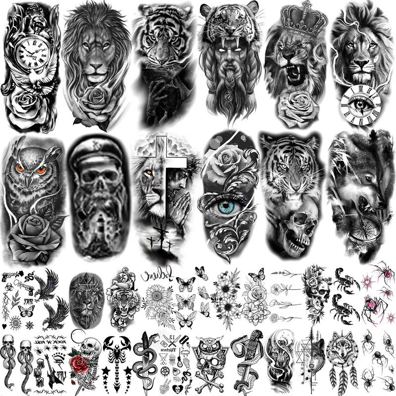 36 Sheets Temporary Tattoos Stickers - 12 Sheets Fake Body Arm Chest Shoulder Tattoos for Men Women with 24 Sheets Tiny Black Waterproof High Quality Show Personality Quick Easy to Apply