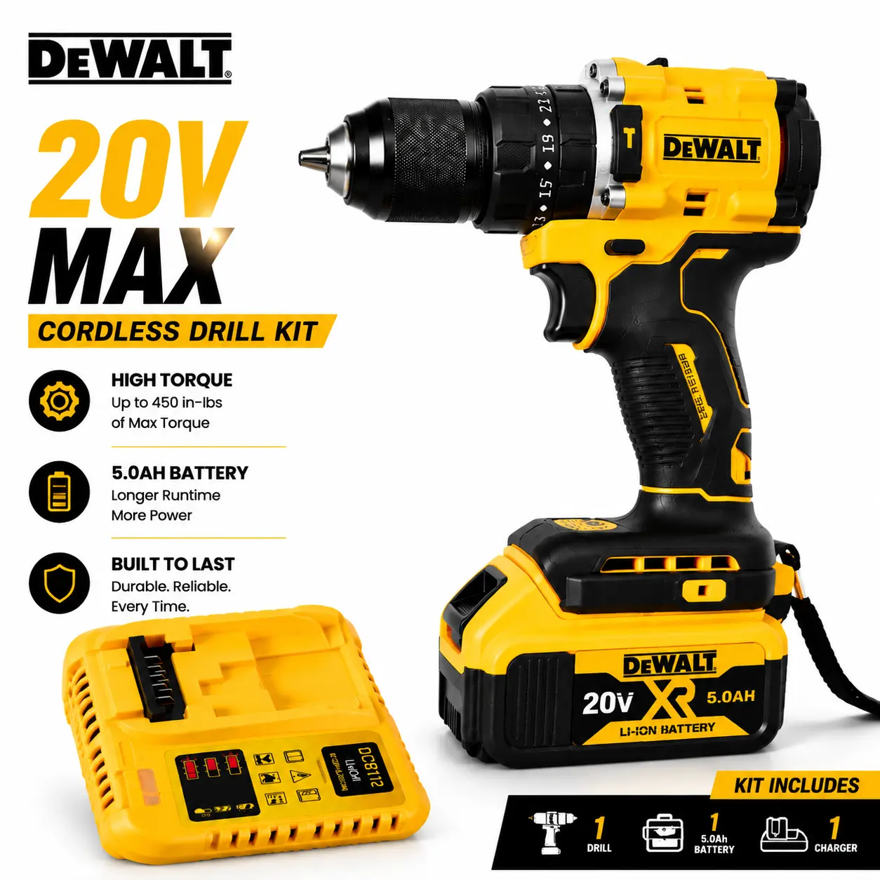 DEWALT Yellow Cordless Drill Set - High Torque for Drilling & Screw Driving, Durable Metal Gears, Strong Plastic Housing, Long-Lasting Battery, Lightweight DIY Power Tool for Home Repair & Garage Projects