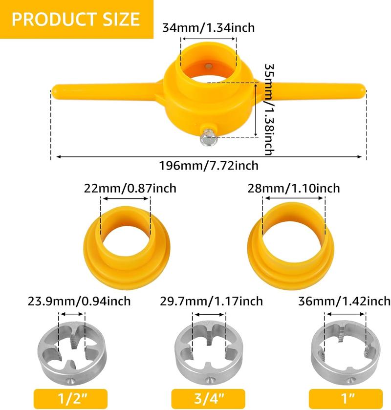Thread Maker Tool, Pipe Threader Plumbing Tool Kit, Reusable Round PVC Pipe Threader Set with 1/2",3/4",1" Dies, Plastic Pipe Tap Die Set,Plumbing Manual Hand Wrench for PVC Threading