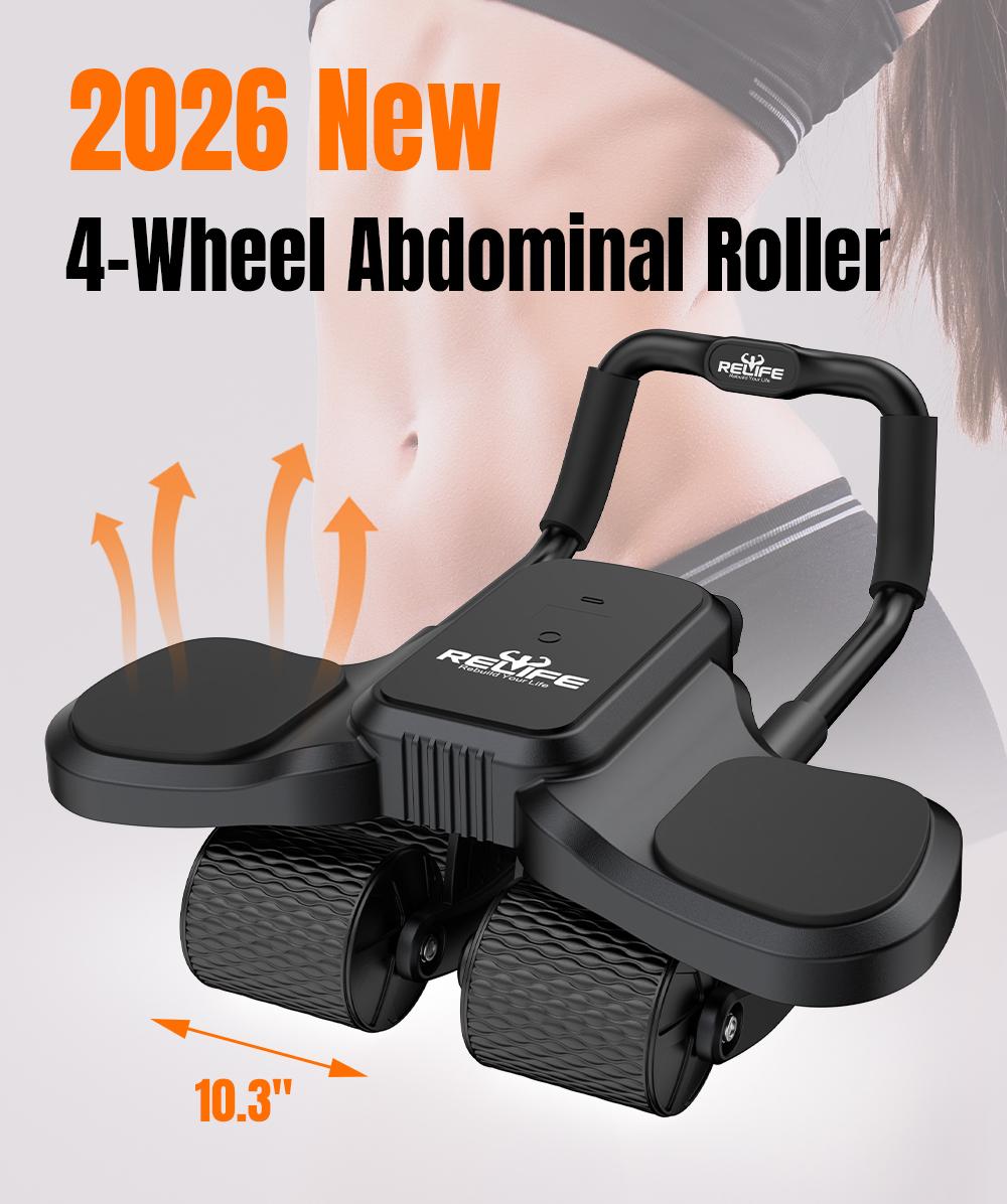 RELIFE REBUILD YOUR LIFE 4-Wheel Ab Roller with Knee Mat Automatic Rebound 2 in 1 Ab Roller with Widened Elbow Support Abdominal Training Equipment