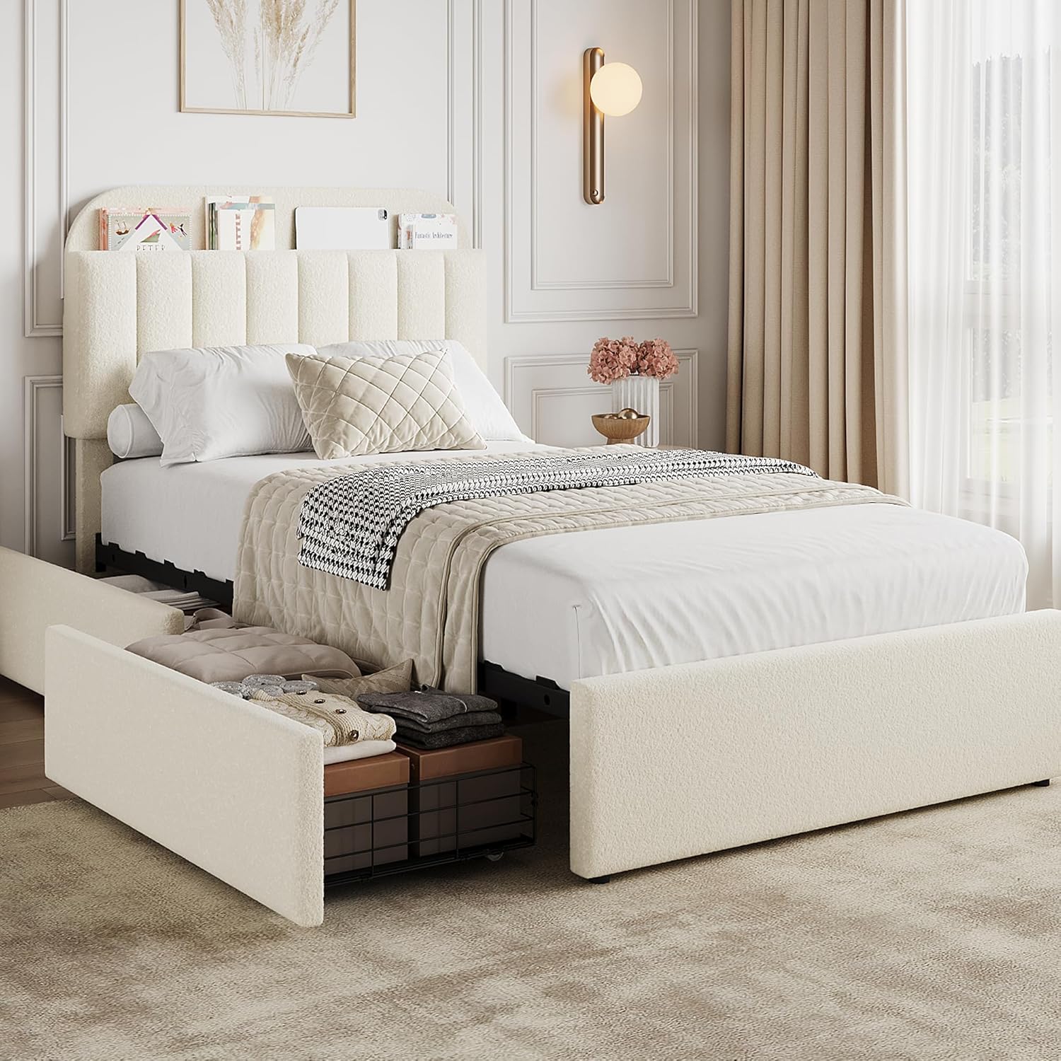 Twin Bed Frame with Storage Headboard, Kids Bed Frame with 2 Drawers, Boucle Upholstered Platform Bed with Bookcase, No Box Spring Needed, Easy Assembly, Beige White