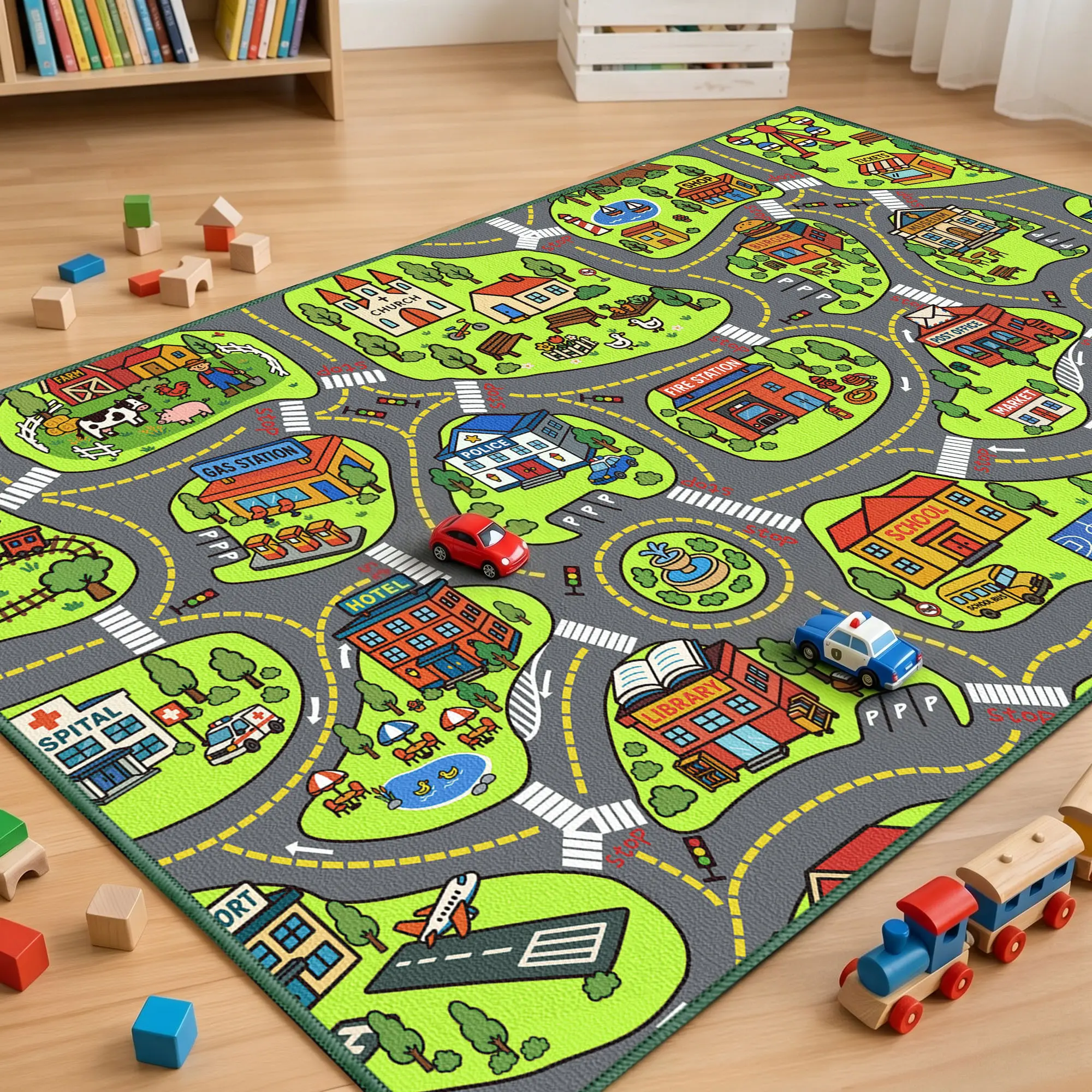 Tyrot Kids Car Track Activity Play Mat - Non-Slip City Road Floor Play Mat for Toddlers, Playroom & Bedroom Carpet Rug That Keeps Little Ones Engaged, Machine Washable Household Textile, Play Mats For Floor