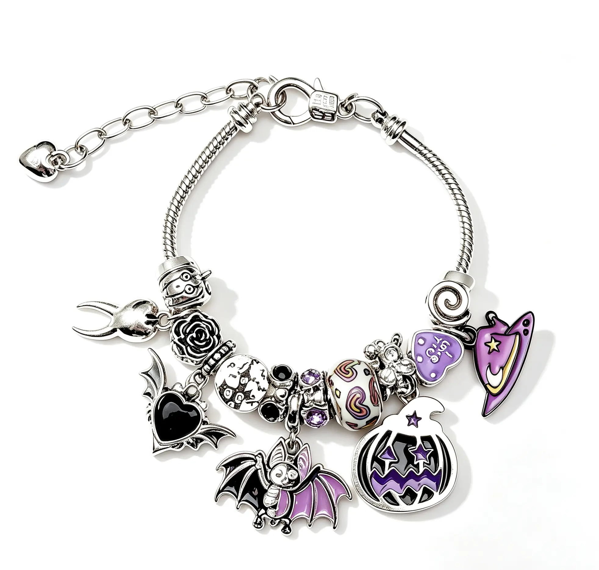Gothic Halloween Bat & Pumpkin Charm Bracelet, Silver-Tone Snake Chain with Purple Enamel & Black Heart Beads, Edgy Jewelry for Women
