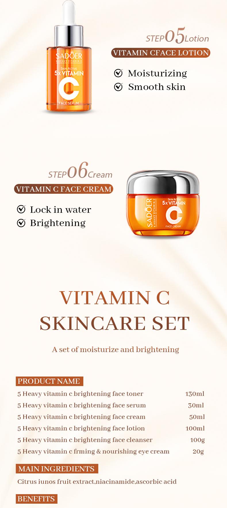 5X Vitamin C Facial Care Set 6-Piece Pack with Cleanser Toner Face Serum Cream & Eye Cream Gentle Skin Cleaning Care Travel Size Kit Daily
