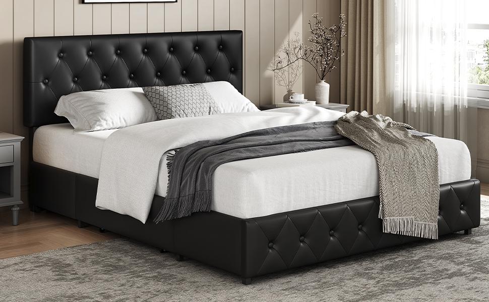 【3 Drawers Storage】Yaheetech Bed Frame with Adjustable Headboard, Upholstered Bed Frame with Diamond Button-Tufted Headboard, Sturdy Wood Slat Support, No Box Spring Needed