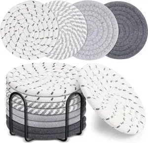 8PCS Reusable Round Cotton Woven Drink Coasters with Metal Holder, Absorbent 4.3in Kitchen Tableware for Coffee Table Top Protection, Minimalist Table Guard Set