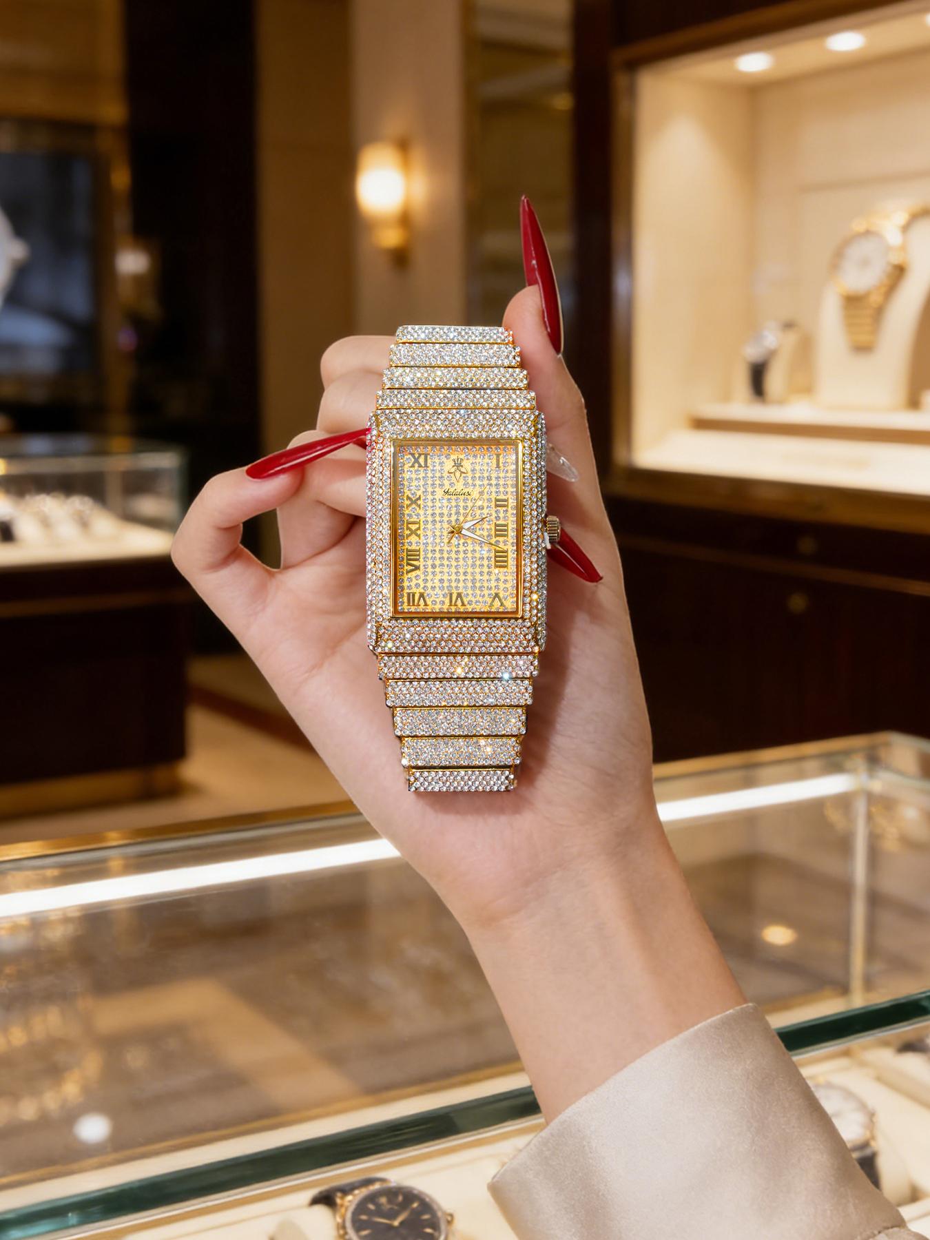 Unisex  Square Synthetic Cubic zirconia  Watch golden & Silver Iced Out Bling Waterproof Luminous Adjustable Perfect Gift for Him & Her LX1082G