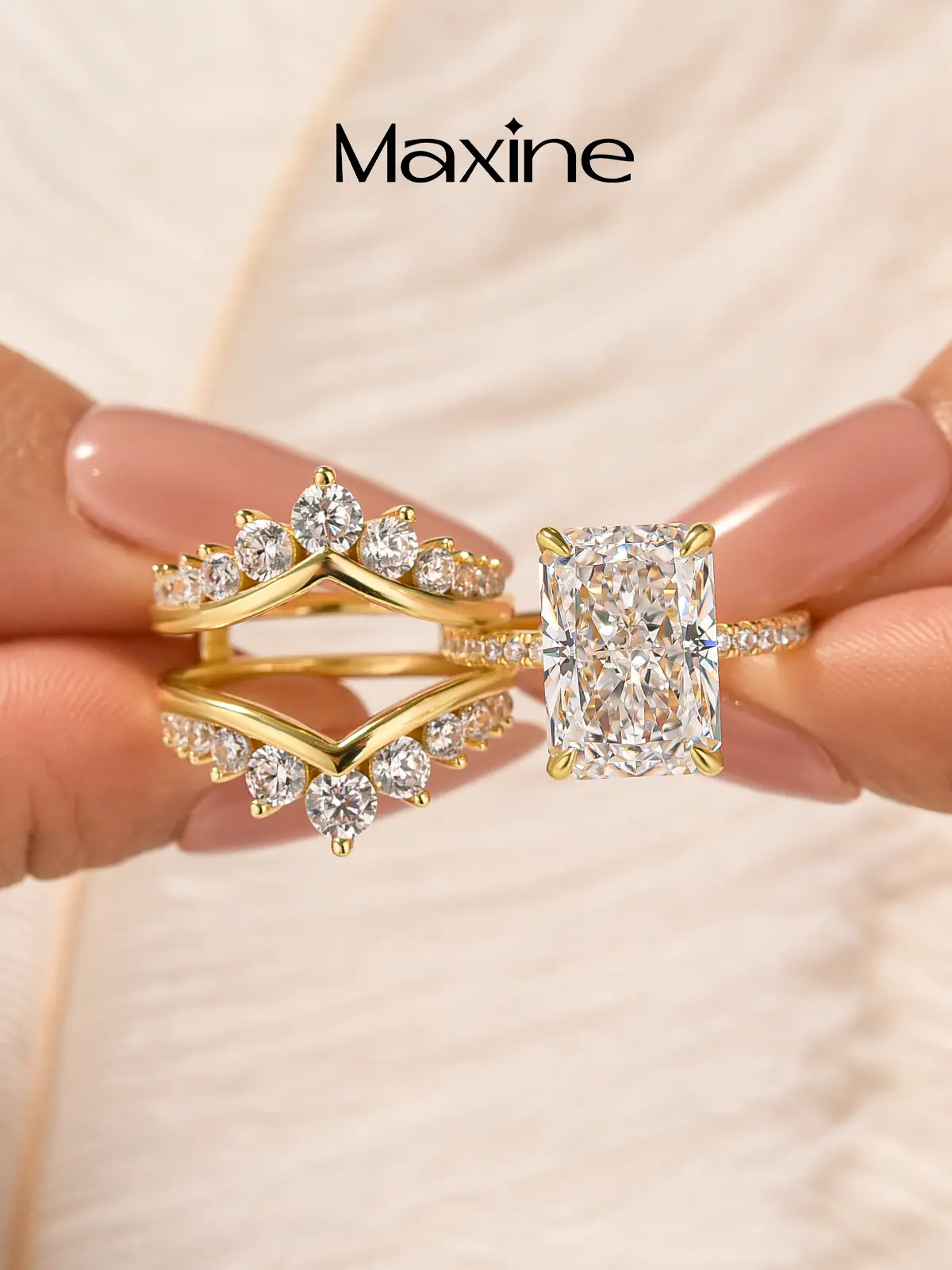 MAXINEJEWELRY 7.0ct Radiant Cut Bridal Engagement Ring Set,Tarnish Resistance 14K Gold Plated,Stackable Nesting Insert Wedding Band,Travel Friendly Daily Fine Jewelry