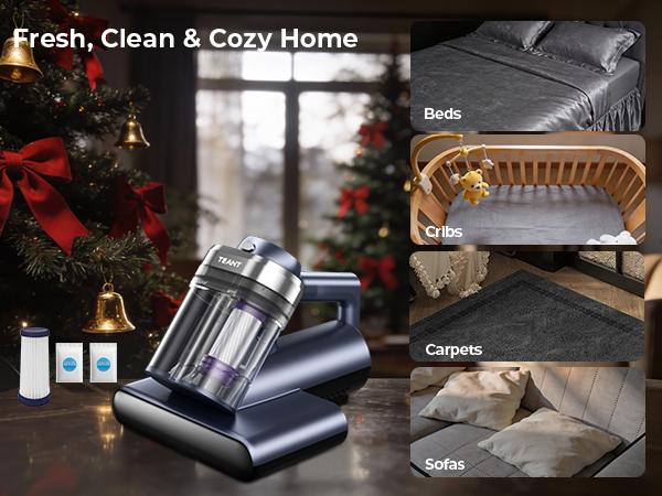 Teant Upgrade Cordless Mattress Vacuum with 18kPa Ultra-Deep Suction, 2-Speed Bed Vacuum with 33000 RPM/Min Roller Brush, 253.7nm UV-C Light & LED Display, HEPA, 149℉ Heat, Aroma & Anion for Bed Sofa