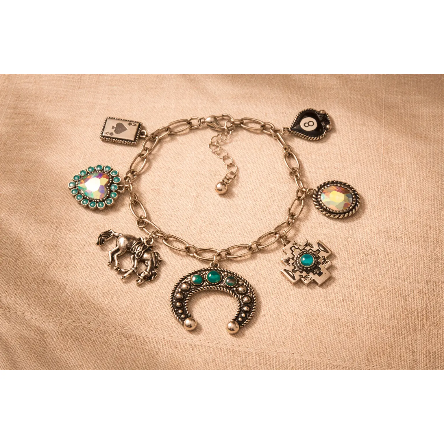 Women's Casual Antiqued Silver-Tone Alloy Southwestern Charm Bracelet - Faux Turquoise Stone, Blossom Motif Charms, 0.2" Width, Adjustable 8" Length with 1.5" Extension, Adjustable Lobster Clasp Closure, Collectible Look, Choking Hazard Small Parts, Dimen