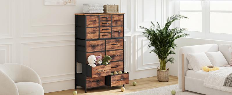 Sweetcrispy 16 Drawer Fabric Dresser Storage Tower with Bins, Tall Chest Organizer for Bedroom Closet Hallway, Steel Frame Wood Top Easy Pull Handles