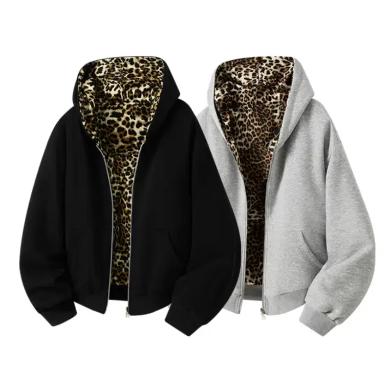 Men’s reversible leopard-print hooded sweatshirt – vintage casual cropped jacket, suitable for streetwear, everyday outings, and holiday leisure