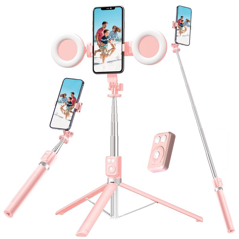 6-in-1 Selfie Tripod w/Dual Fill Lights & Wireless Remote | Portable Adjustable Phone Stand | Detachable 360° Compact Travel Tripod