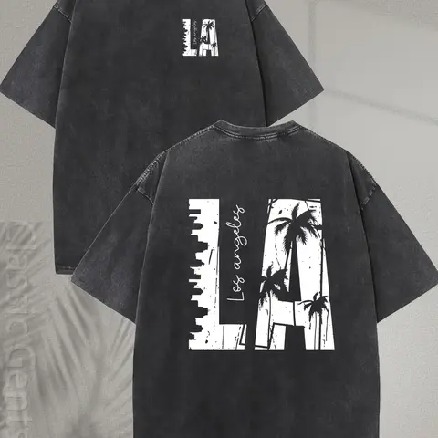 Men's Vintage Tropical Menswear T-Shirt - 230GSM Heavy Washed Distressed Cotton Short Sleeve Tops, Double-Sided Retro California Beach Design, Loose Fit All Seasons Casual Streetwear (Heavy 230GSM Feel)