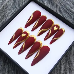 Luxury Red Stiletto Press On Nails | Gold Chrome Acrylic Nail Art | Handmade False Nails for Valentine’s Day, Date Night, Party or Romantic Gift