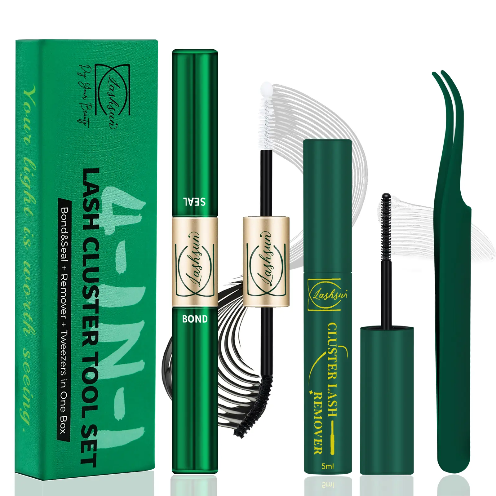 Lashsun Beginner-Friendly 4-in-1 Bond & Seal Kit - Liquid Eyelash Cluster Glue, Remover, Tweezers for DIY Easy Home Eyelash Extensions, Long-Lasting Waterproof Adhesion