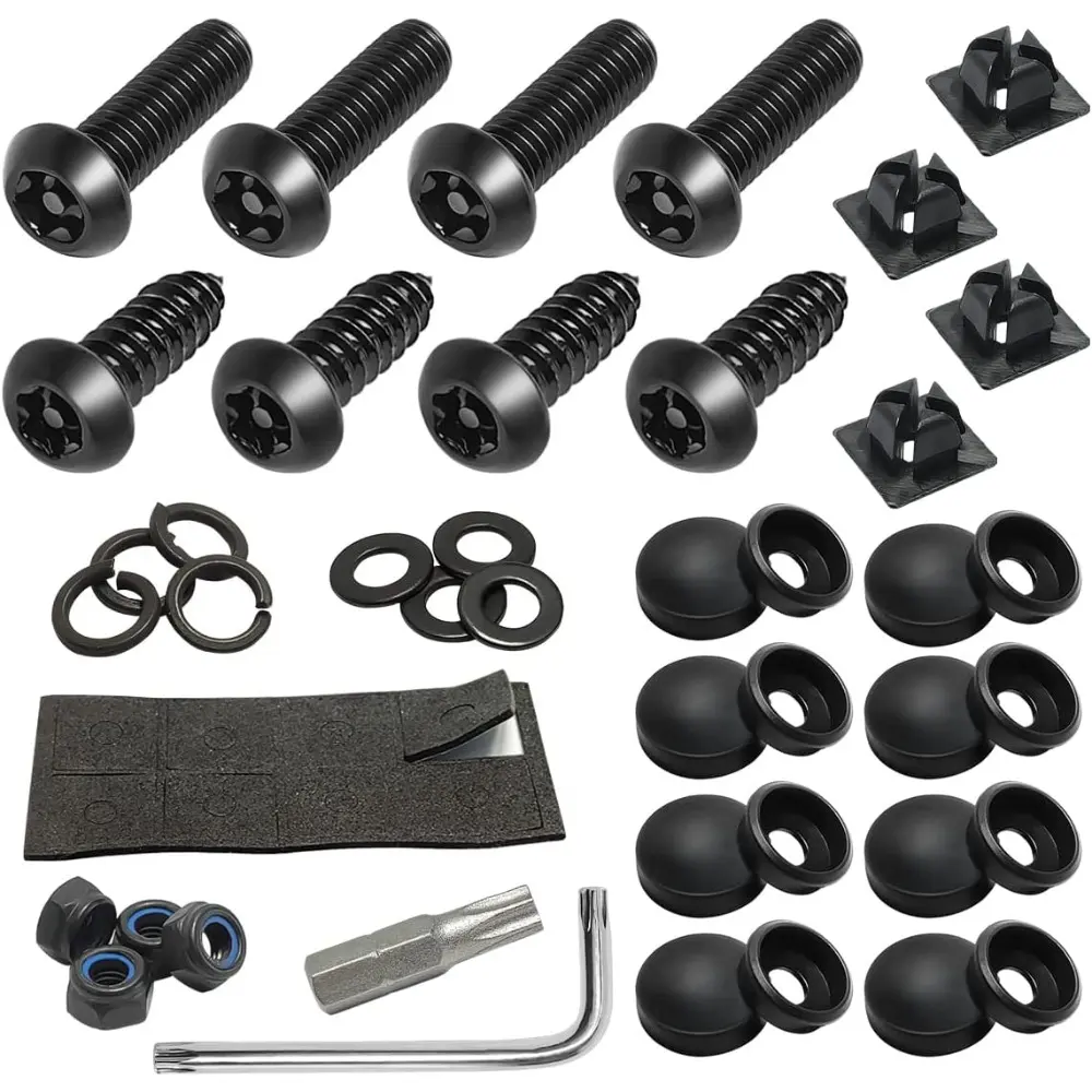 Thief-Resistant Rust-Resistant Stainless Steel License Plate Screws Kit - 1/4"x3/4" (M6*20mm) Tamperproof Fasteners with Nuts, Caps, Washers for Car Front/Rear Frame Holder (AT-Black, 1 Set)