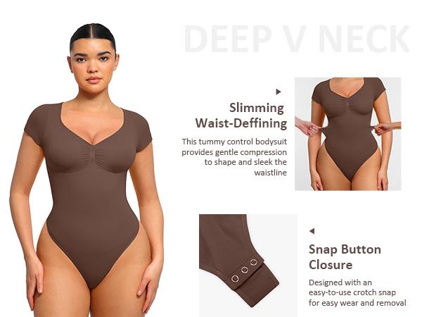 FeelinGirl Women's Short Sleeve Bodysuit for Tummy Control V Neck Seamless Body Suits Thong Going Out Tops Springtok Shapewear Womenswear Compression Elegant Fitted