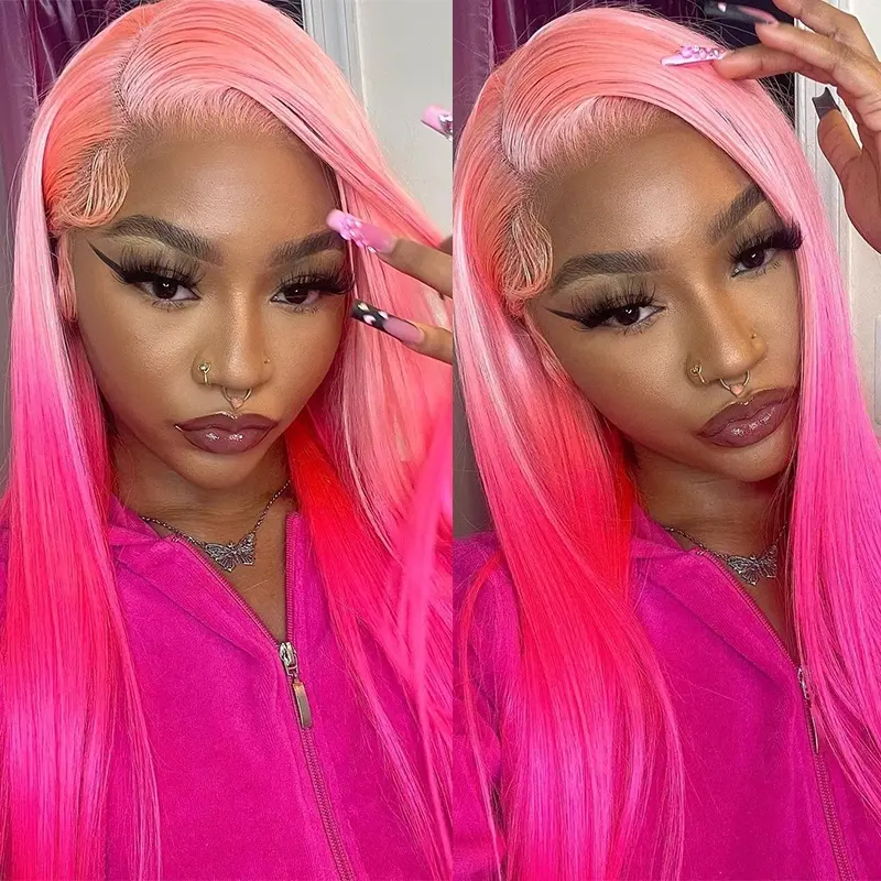 ISEE Ombre Pink Straight Synthetic 13*4 Lace Front Wig, Glueless Frontal Wig, Pre-plucked Natural Hairline, Vacation Hair, Wigs