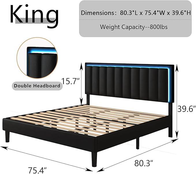 HOMBCK Upholstered Modern Bed Frame, LED Lights, No mattress, PU Leather Headboard, Wood and Metal Slats Support, Noise Free, No Box Spring Needed