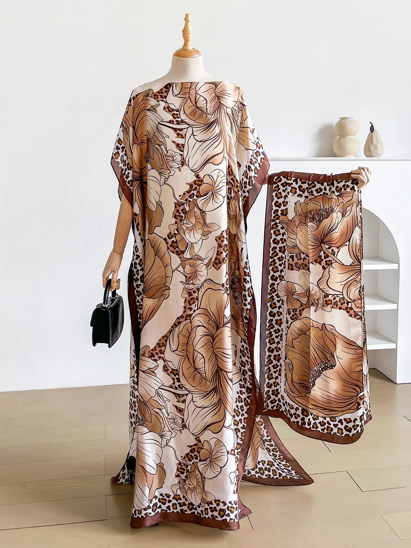 Women's Floral Leopard-Print Shawl Set, Scarf and Matching Headband, Sun-Protection Boho Beachwear Accessory, Boho Style Shawl