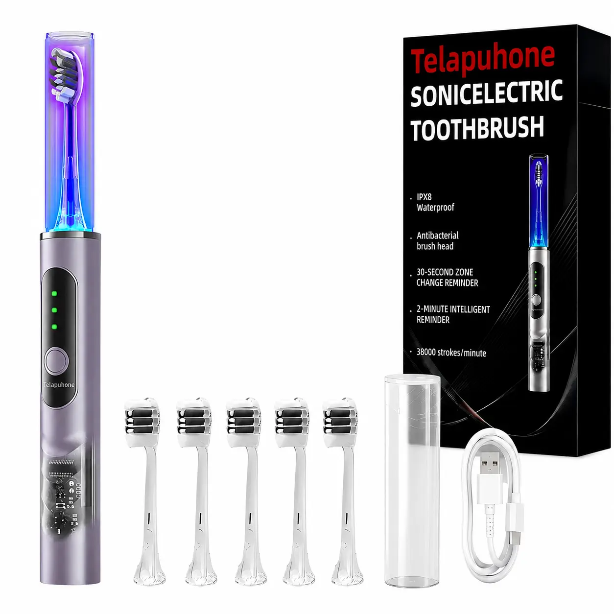 IPX8 Sonic Electric Toothbrush for Adults with Brush Head Care Mode - 6 Modes, Rechargeable Toothbrush with 4 Replacement Brush Heads，Sonic Electric Toothbrush For Adults