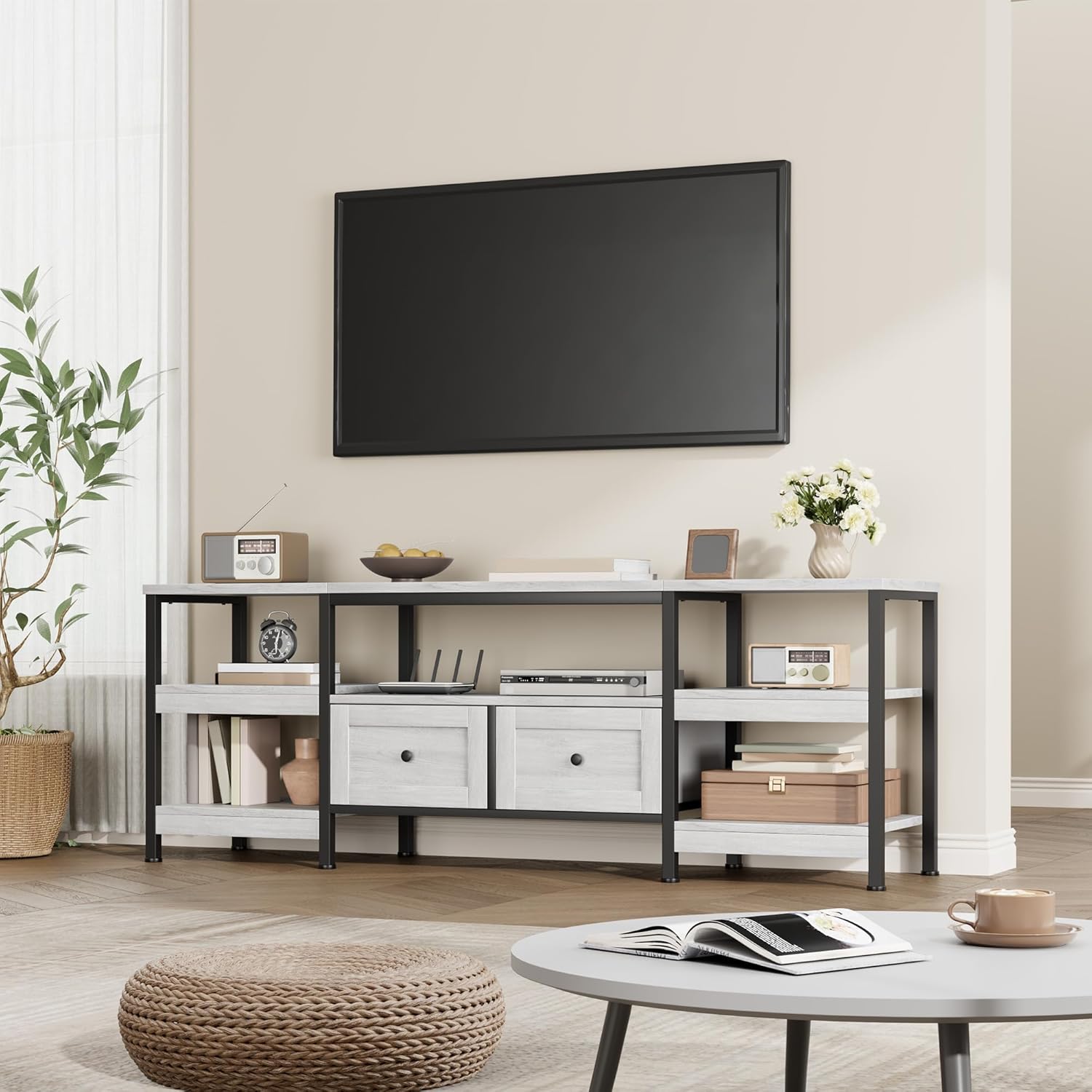 Industrial TV Stand with 2 Drawers, 63/71/79" Entertainment Center with Multi-Layer Storage Shelves, Media Console Fits TVs up to 65", Modern TV Cabinet for Living Room, Industrial TV Stand with 2 Drawers, 63/71/79" Entertainment Center with Multi-Layer Storage Shelves, Media Console Fits TVs up to 65", Modern TV Cabinet for Living Room,