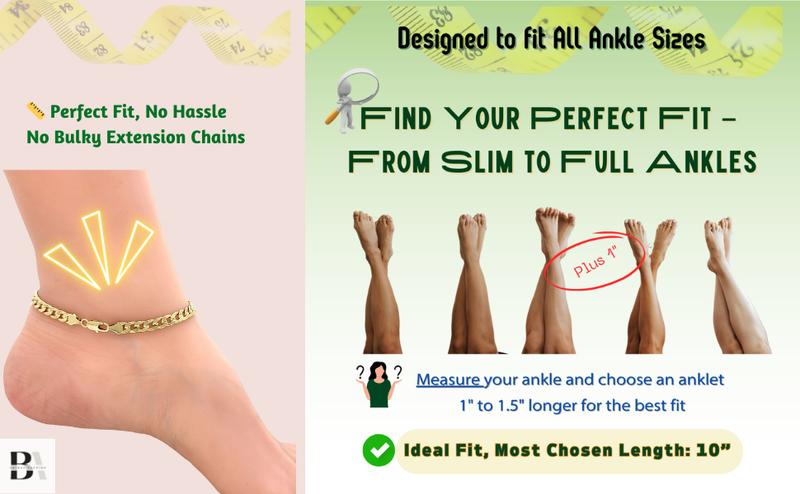 BA UNIQUE FASHION 18K Gold Electroplated 3mm, 5mm Miami Cuban Chain Anklet - Available in Petite to Plus Size - Made in Korea