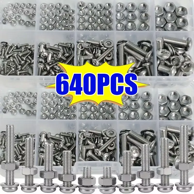 640pcs Heavy-Duty Carbon Steel Hex Bolt & Hex Nuts, Bolts and Nuts Set with Nickel Plating - M2/M2.5/M3/M4/M5 Fasteners Suitable for Automotive Repair, Furniture Restoration, DIY Projects - Ideal for Mechanics, Woodworkers & Hobbyists