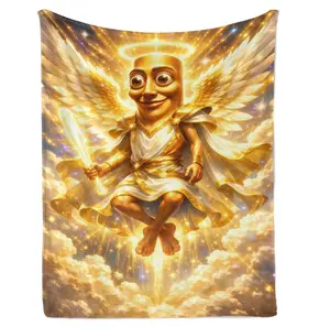 Tung Tung Tung Sahur Meme Graphic Golden Angel Fantasy Blanket | Celestial Guardian Throw Blanket, Heavenly Wings Art Fleece Blanket, Cozy Fantasy Home Decor