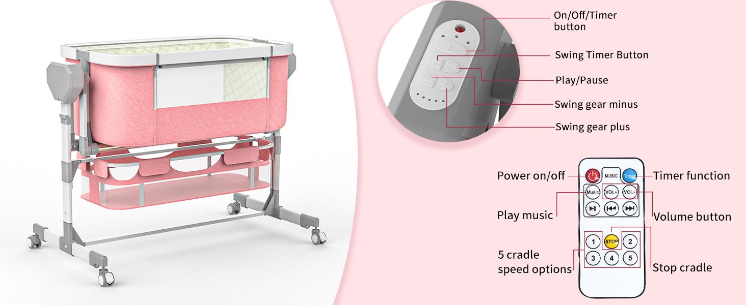 Electric Baby Bassinet with 6 Height Adjustments & 4 Lullabies, Stable Horizontal Swing, Bedside Sleeper, 3 Modes, Built-in Music, Bluetooth 5.0, 360° Rotating Wheels