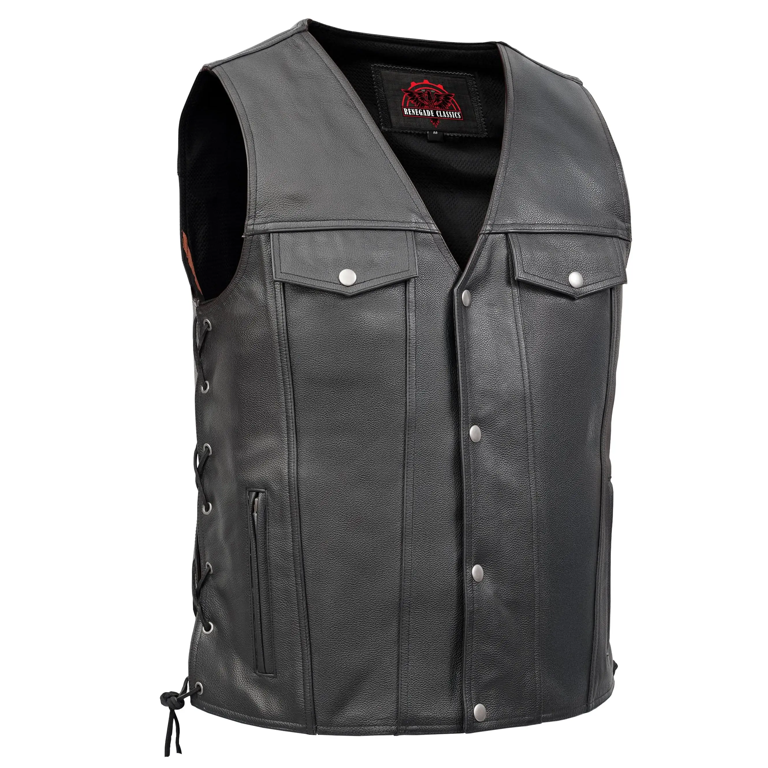 Renegade Classics Men's Black Buffalo Leather Motorcycle Protective Shoulder Guard Vest - Lace-Up Sides, Fully Lined, Available in S, 3XL, 4XL