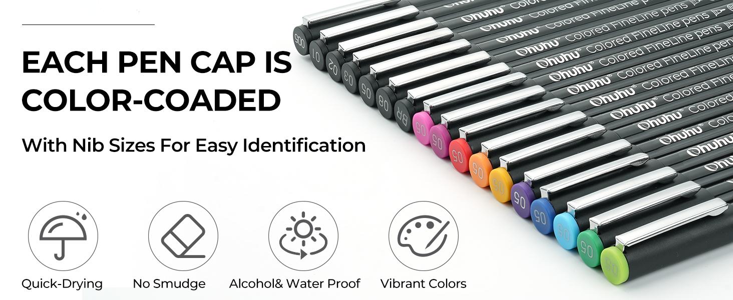 Ohuhu Colored Fineliner Drawing Pens: 18 Packs Fineliners - 11 Colored Pens & 7 Assorted Point Sizes Black Micro Pen Waterproof for Drawing Sketching Anime Manga Artists Beginners - Hana Highway Series of Ohuhuart