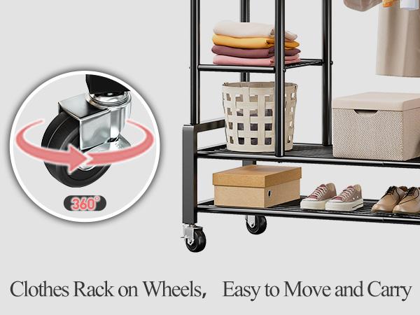 Raybee Clothing Rack with Shelves &Double Hanging Rods, Portable Clothes Rack with Wheels Rolling Garment Rack,  HangingClothing racks Holds Up to 245LBS, Metal Closet Rack, Clothes Organizer Solutions 43.3"Wx22"Dx70.3"H