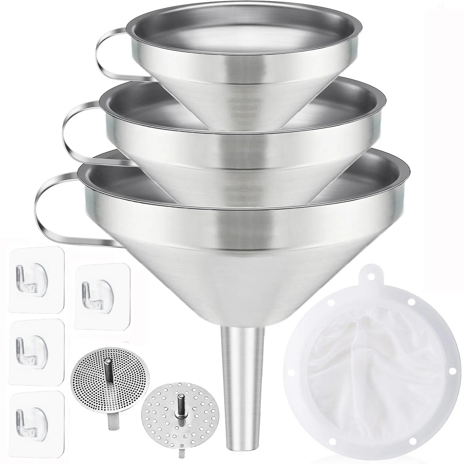 3Pcs Food Grade Stainless Steel Funnel Set with Handles - 2 Removable Strainers, 1 Nylon Filter Screen - Space-Saving Hanging Kitchen Utensils for Cooking, Liquid Transfer - Home Improvement Supplies, Heat Resistant