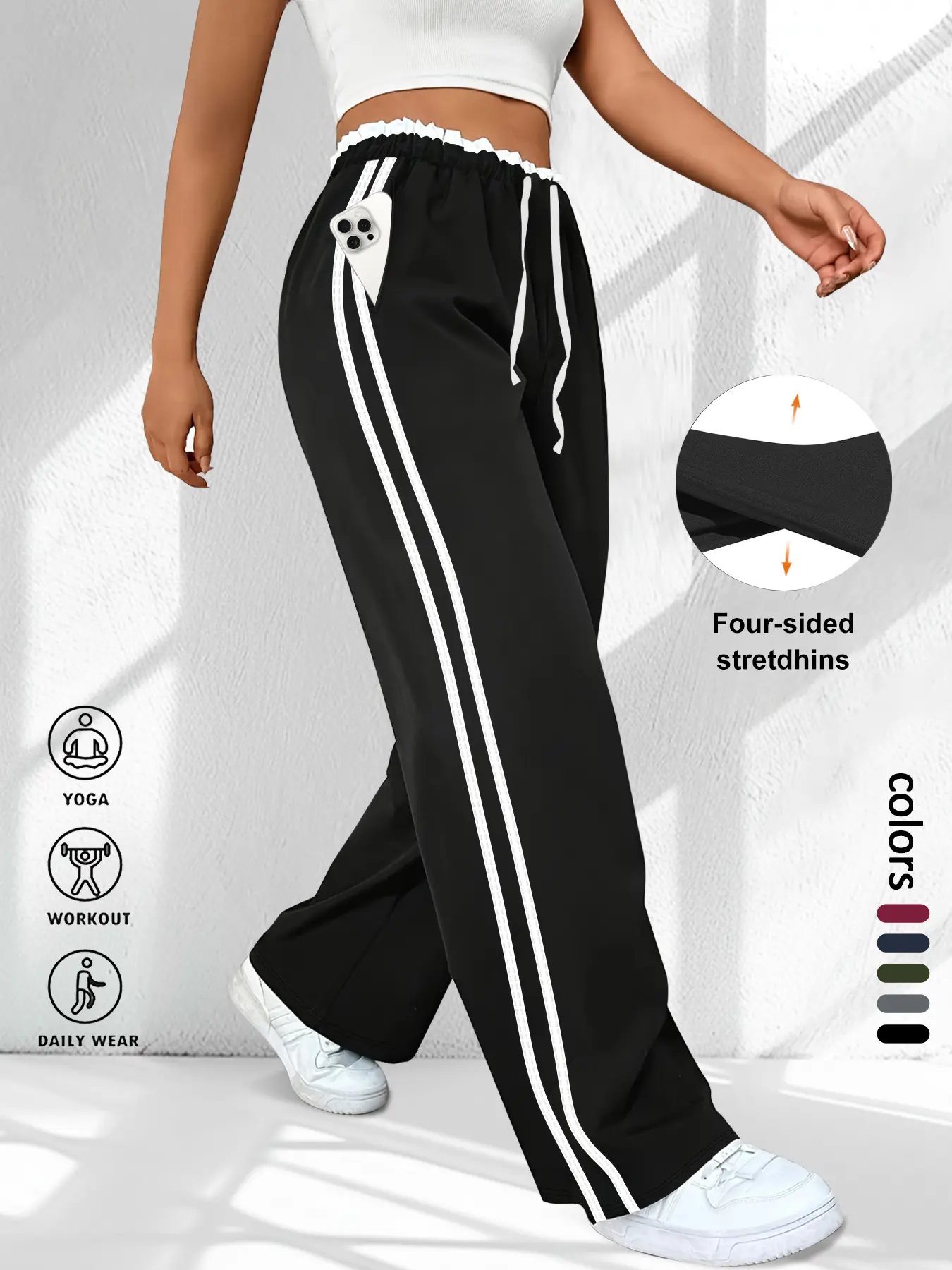 Plus Size Women's Wide Leg Pants with Drawstring Elastic Waist, Lace Trim Design and Pockets, Sporty Side Stripe Trousers, Casual Sporty Pants for Various Occasions