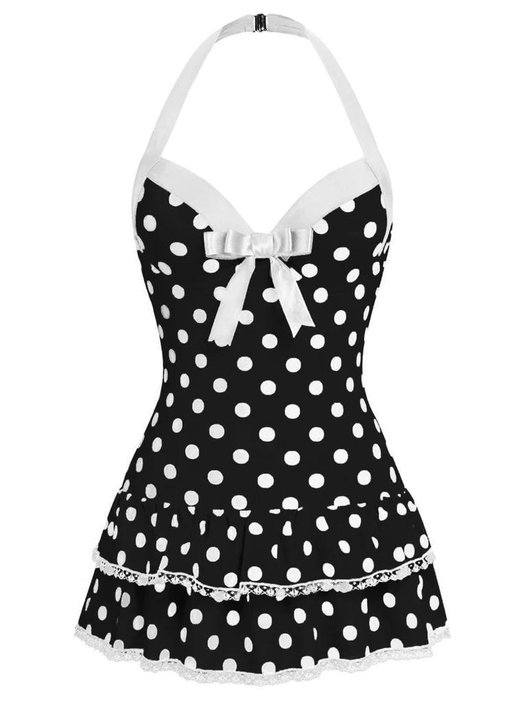 Blue 1940s Halter Polka Dots Bow One-Piece Swimsuit