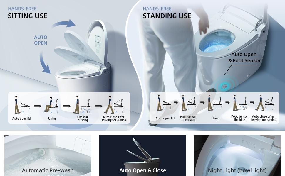 WOODBRIDGE EBT700 One Piece Elongated Smart Toilet Bidet, Auto Open & Close, Auto Flush, Foot Sensor Operation, Heated Seat with Integrated Multi Function Remote Control in White