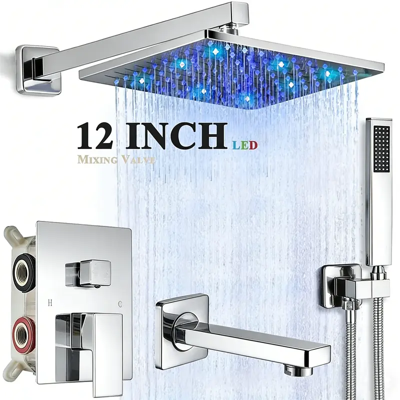 ATSHOWER LED Shower System with Tub Spout Wall Mounted High Pressure Rainfall Shower Head and Handheld Sprayer Combo Shower Faucet Set with 3 Ways Mixing Valve, 12 Inch, Polished Chrome
