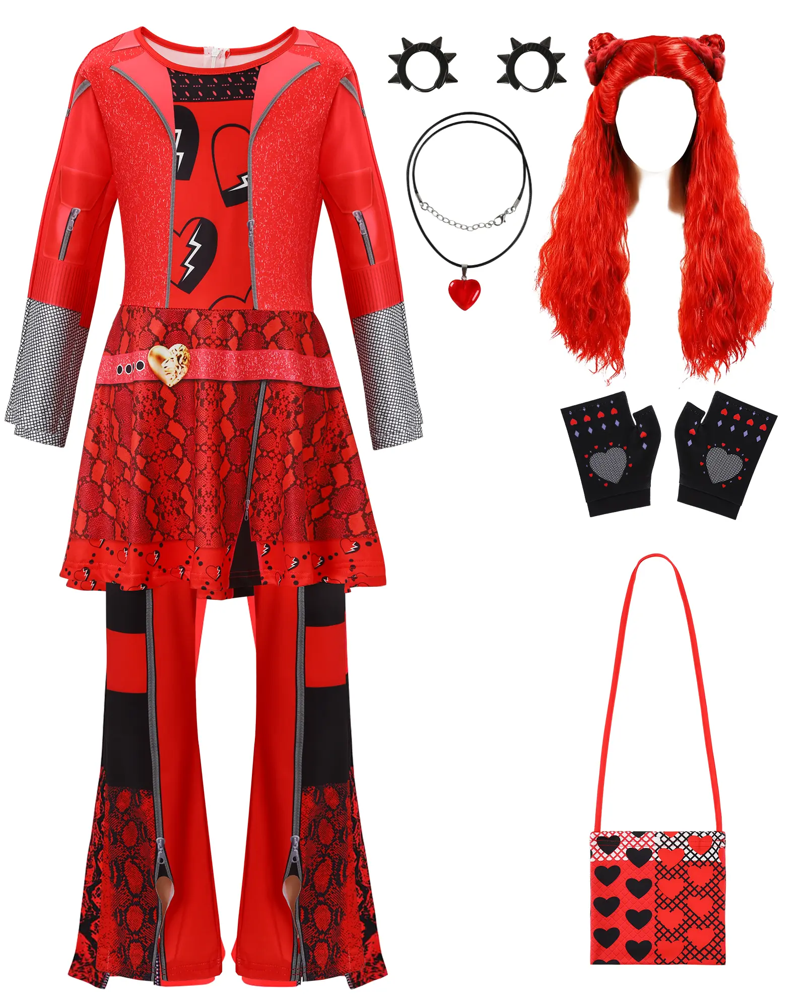 Girls' 8-Piece Rise of Red Princess Jumpsuit Costume Full Set - Movie/TV Themed Party Wear, All-Season Kids' Halloween Cosplay Outfit for Princess Look