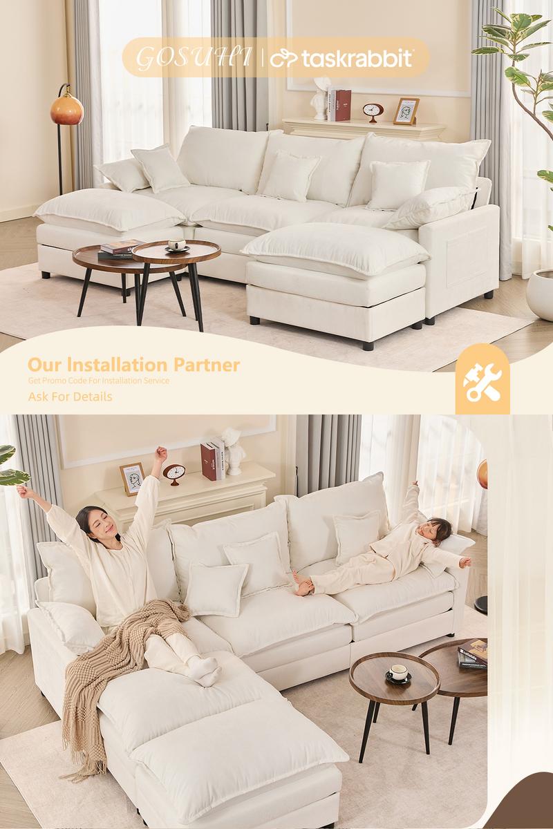 【2 Packages Shipping】GOSUHI 108" U-Shaped Modular Sectional Sofa - Comfy Cloud 3-Seater with 2 Movable Ottoman, Cloud Sofa,Deep Seat Linen Couch for Living Room, Beige Color ,Comfort & Stylish Design,Chenille pink