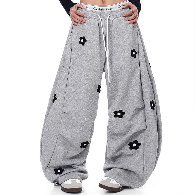 Men's Floral Embroidery Baggy Barrel Sweatpants Elastic Waist Drawstring Casual Y2K Streetwear Loose Fit Vintage Joggers Menswear