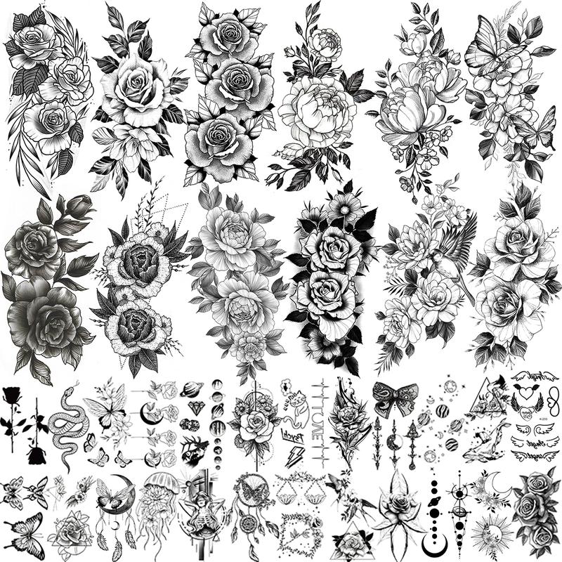 Teens 36 Sheets Large Black Arm Temporary Tattoos For Men Forearm Women Thigh, Half Sleeve Animals Lion Tiger Wolf Temp Tattoo Stickers Adults, Death Skull Compass Flower Fake Tattoos That Look Real Durable  Teens