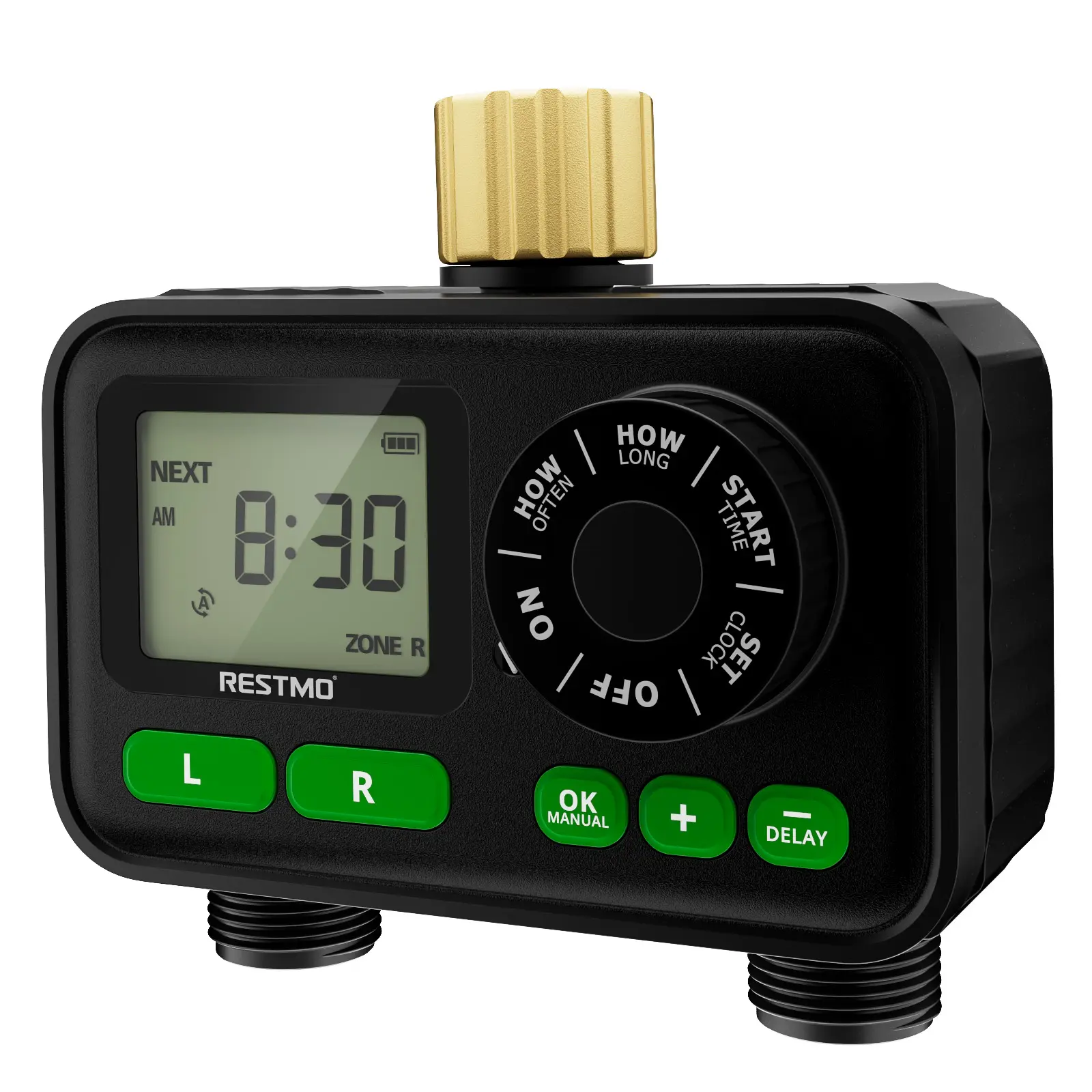 RESTMO 2-Zone Programmable Sprinkler Timer - IP55 Waterproof Automatic Watering Devices with Auto/Manual/Rain-Delay, Start Time Setting, Batteries, Textured Face for Garden Hose, Outdoor Faucet Use