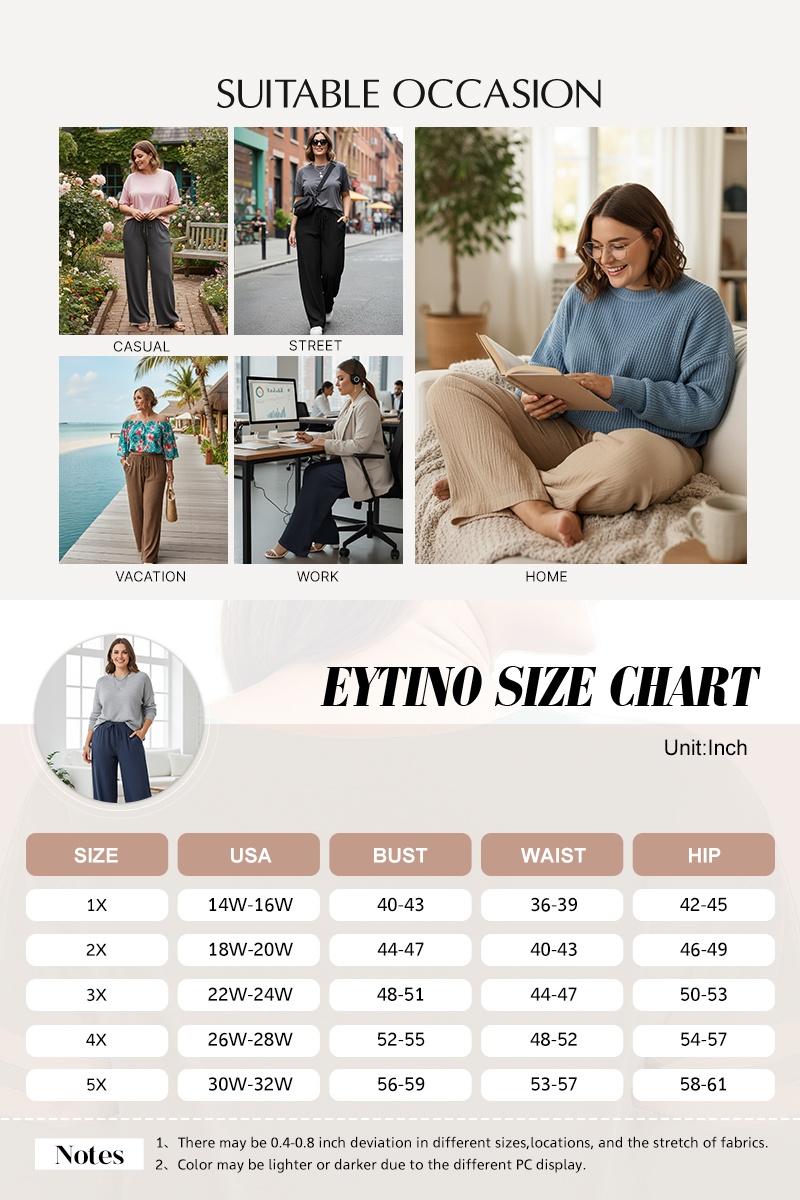 Eytino Womens Plus Size Pants Summer Elastic High Waist Drawstring Casual Loose Wide Leg Trousers Pants with Pockets(1X-8X)