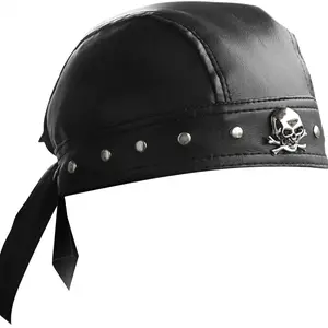 Black Leather Biker Skull Cap Bandana – Studded Motorcycle Headwrap Du Rag for Men & Women Adjustable Head Scarf