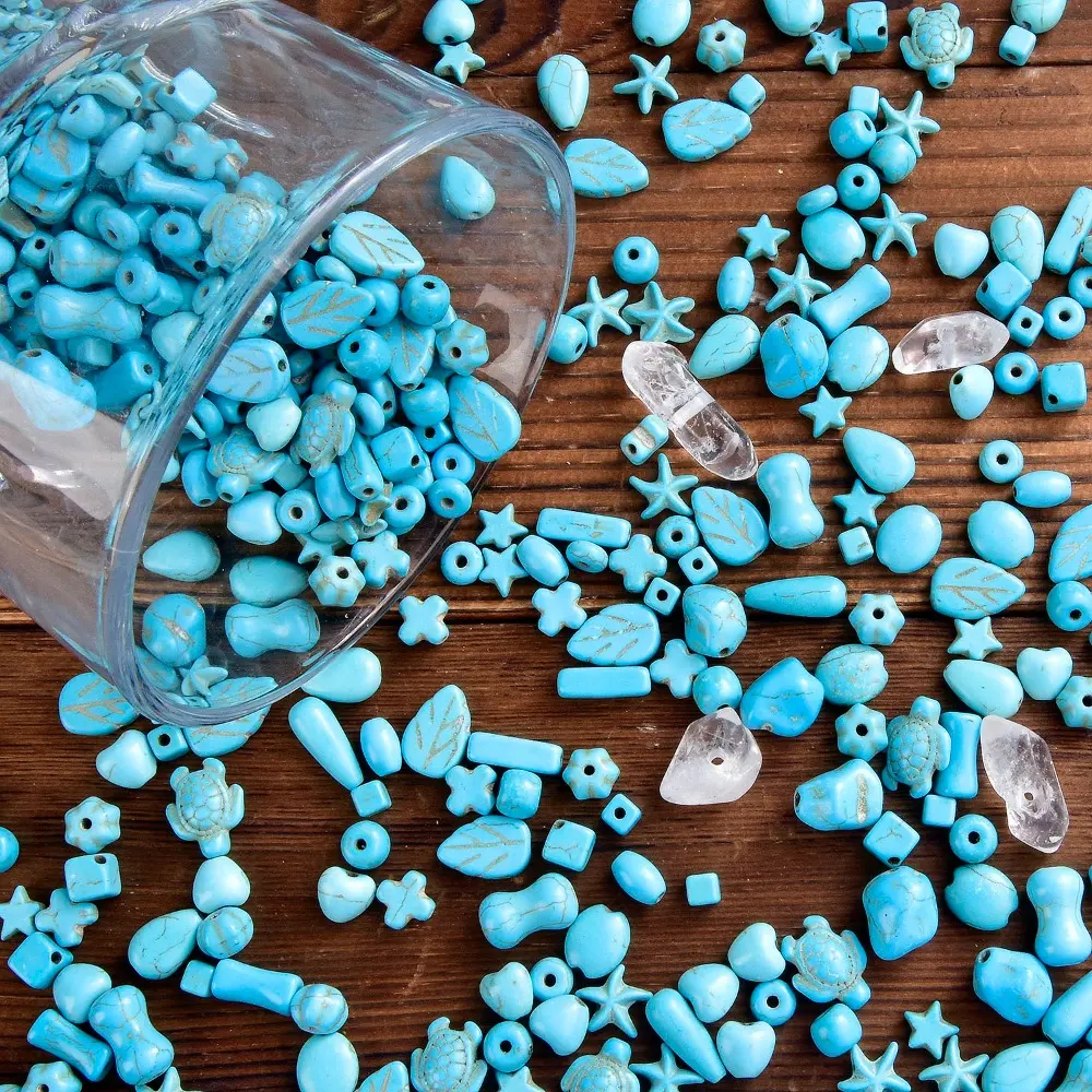 one box Natural Stone Turquoise Beads with Box - Starfish & Sea Life Charms in White, Blue, Turquoise, Aqua, Navy, Light Green, Brown, Black, Gray, Beige - Smooth Spherical & Faceted Loose Spacer Beads for Jewelry Making